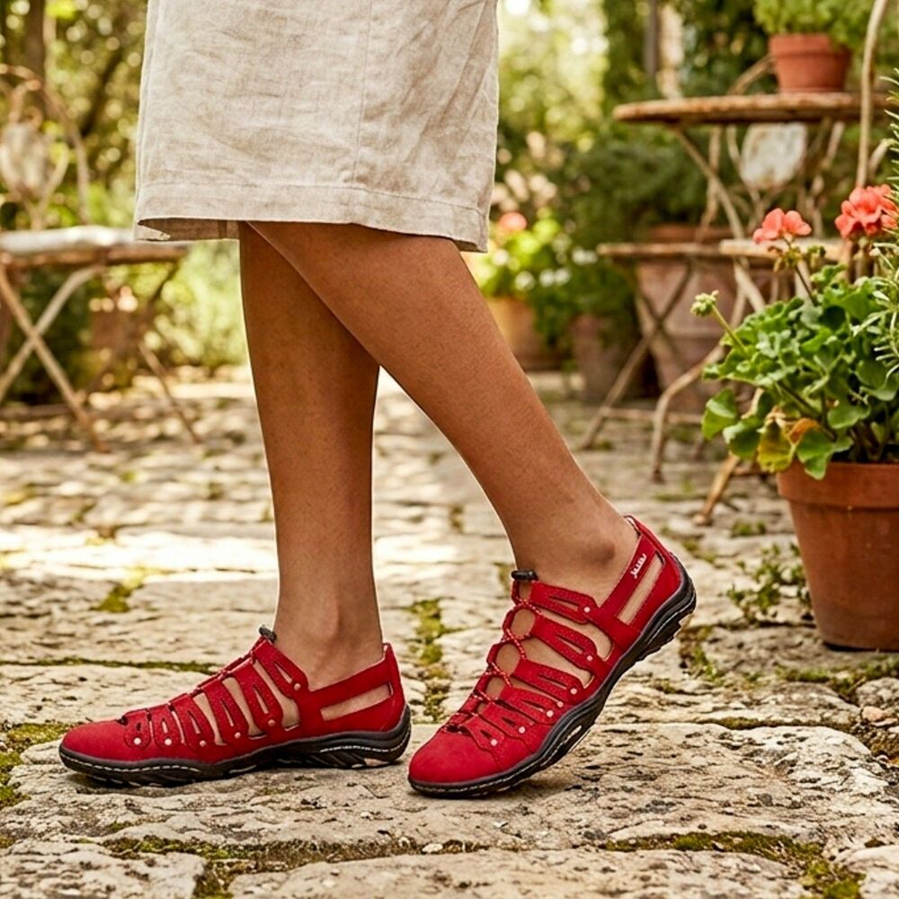 Jambu "El Dorado" open, strappy lace-up athletic sport Red flats Size 8M